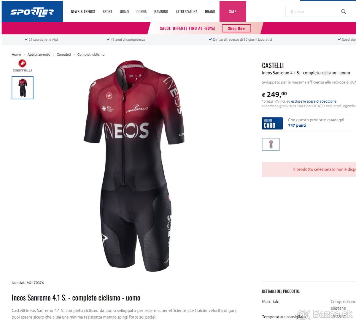 Predám Ineos kombinéza Castelli PRO TEAM SANREMO 4.1 S.SUIT