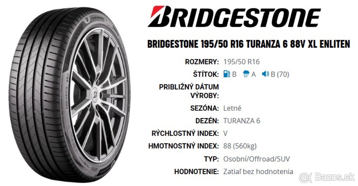 letné pneumatiky 195/50 R16 Bridgestone Turanza