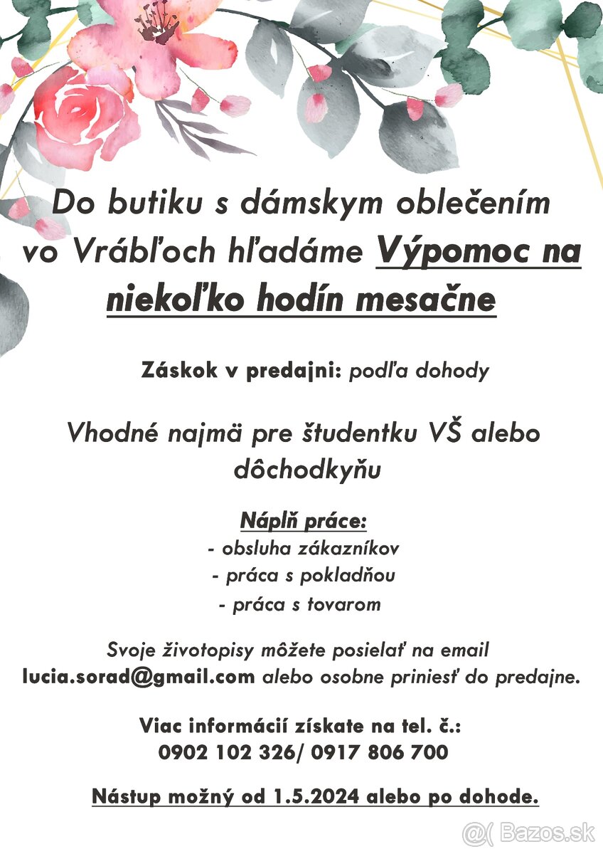 Výpomoc/brigáda v butiku s dámskym oblečením vo Vrábľoch