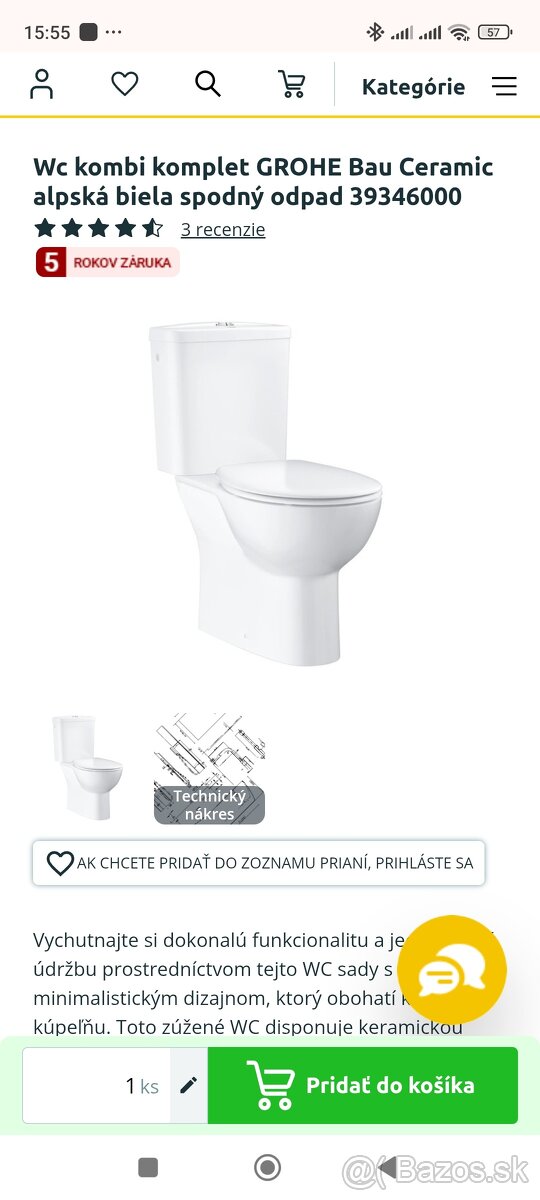 Wc záchod Grohe rimles komplet s wc doskou nove