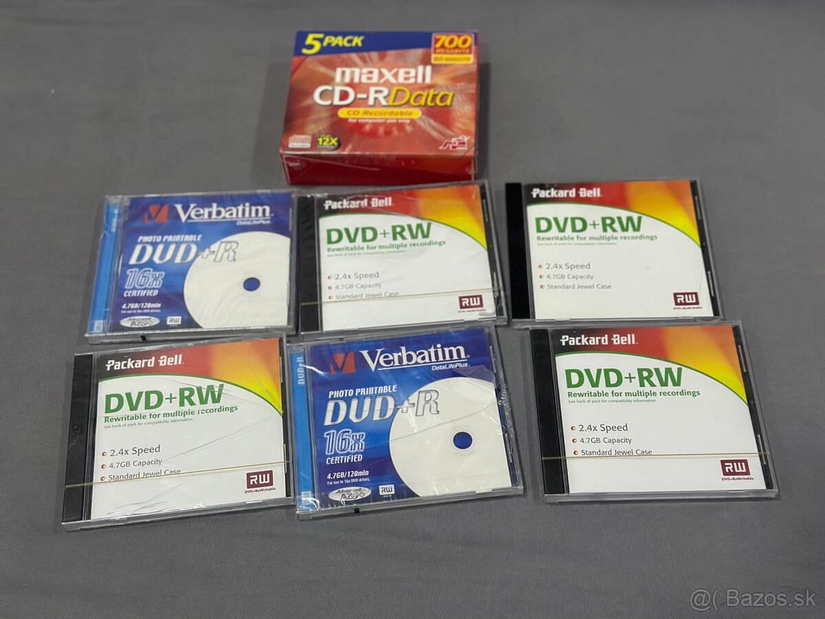 Balík prázdnych DVD a CD – Verbatim, Maxell, Packard Bell