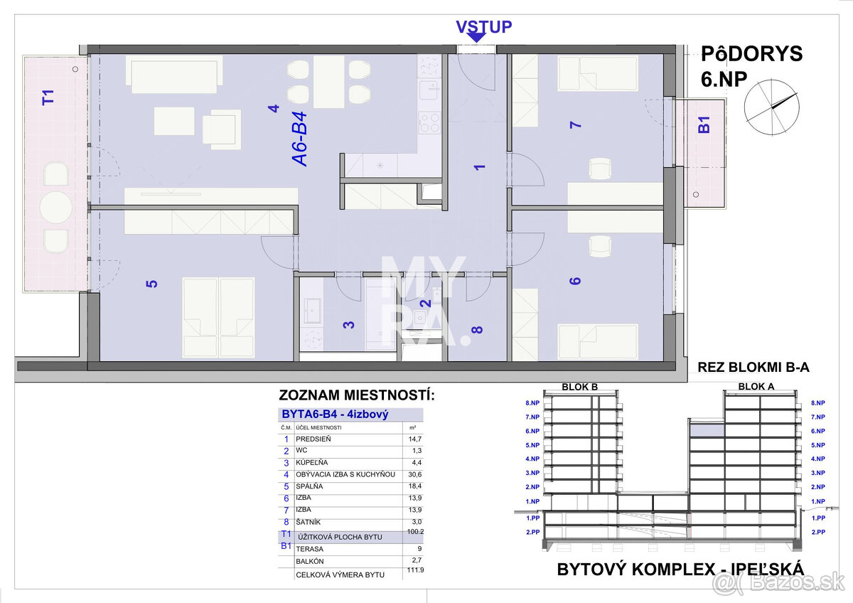 4 izbový byt s terasou a balkónom, novostavba, Ipelska ulica