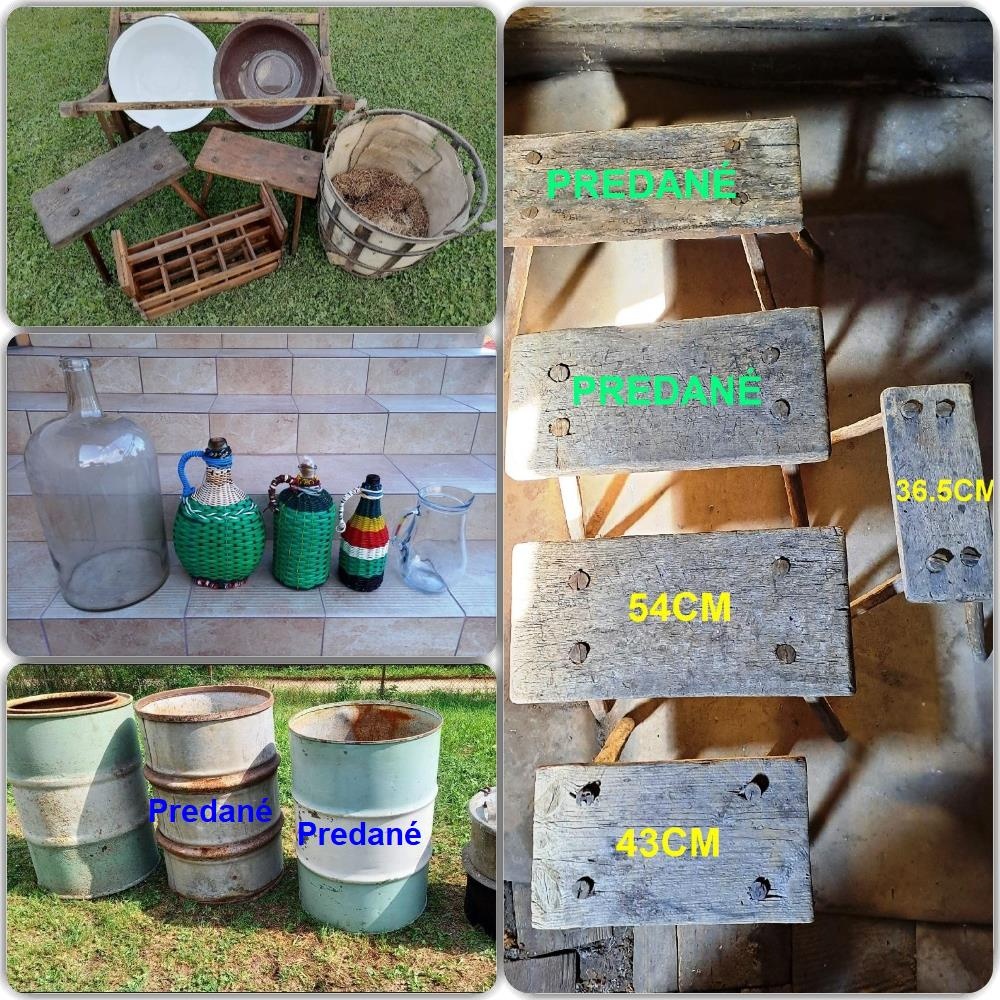 RETRO Hrnce Stojan Kôš Sud Demižón Lavice Hokerlík Dvere Váh
