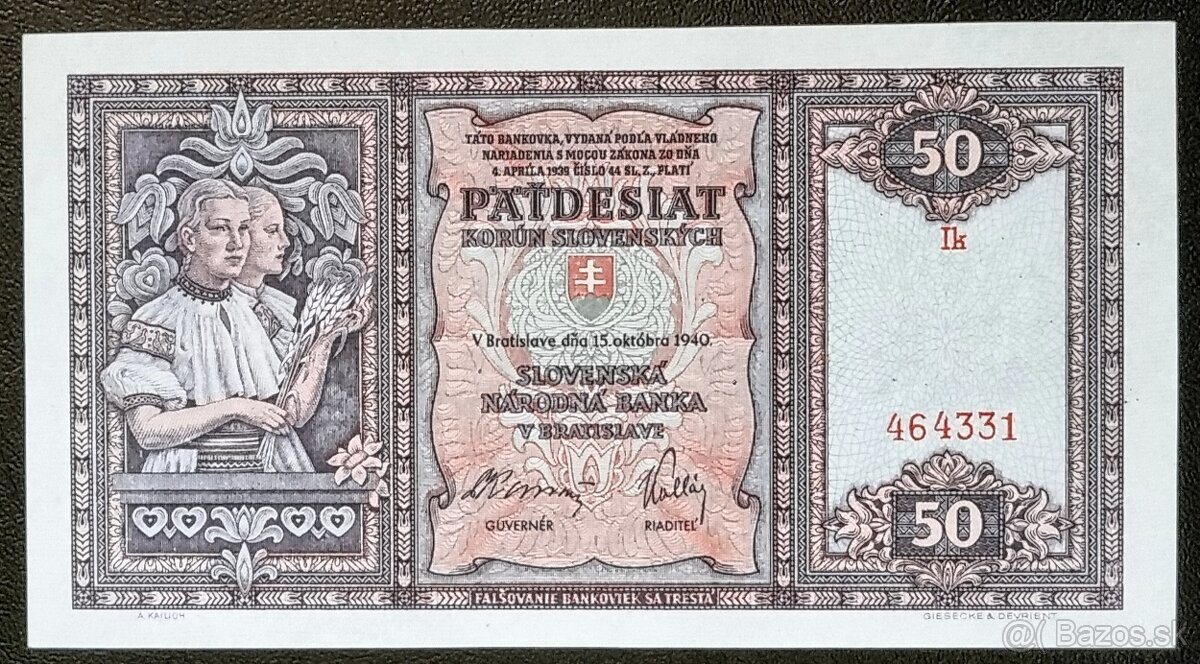 50 Ks 1940 séria Ik, neperforovaná , bezchybný stav N/UNC