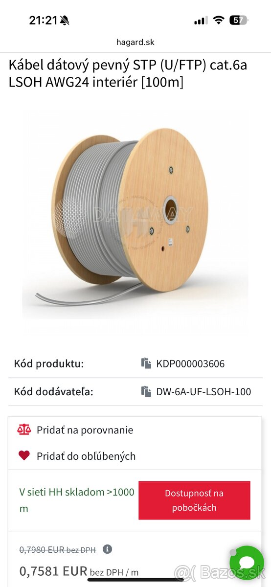 Kábel dátový pevný STP (U/FTP) cat.6a