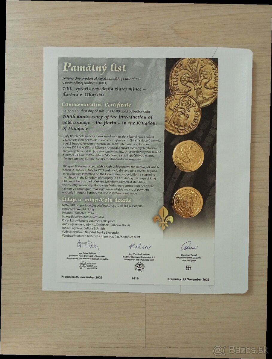 Pamätný list k 100€ minci