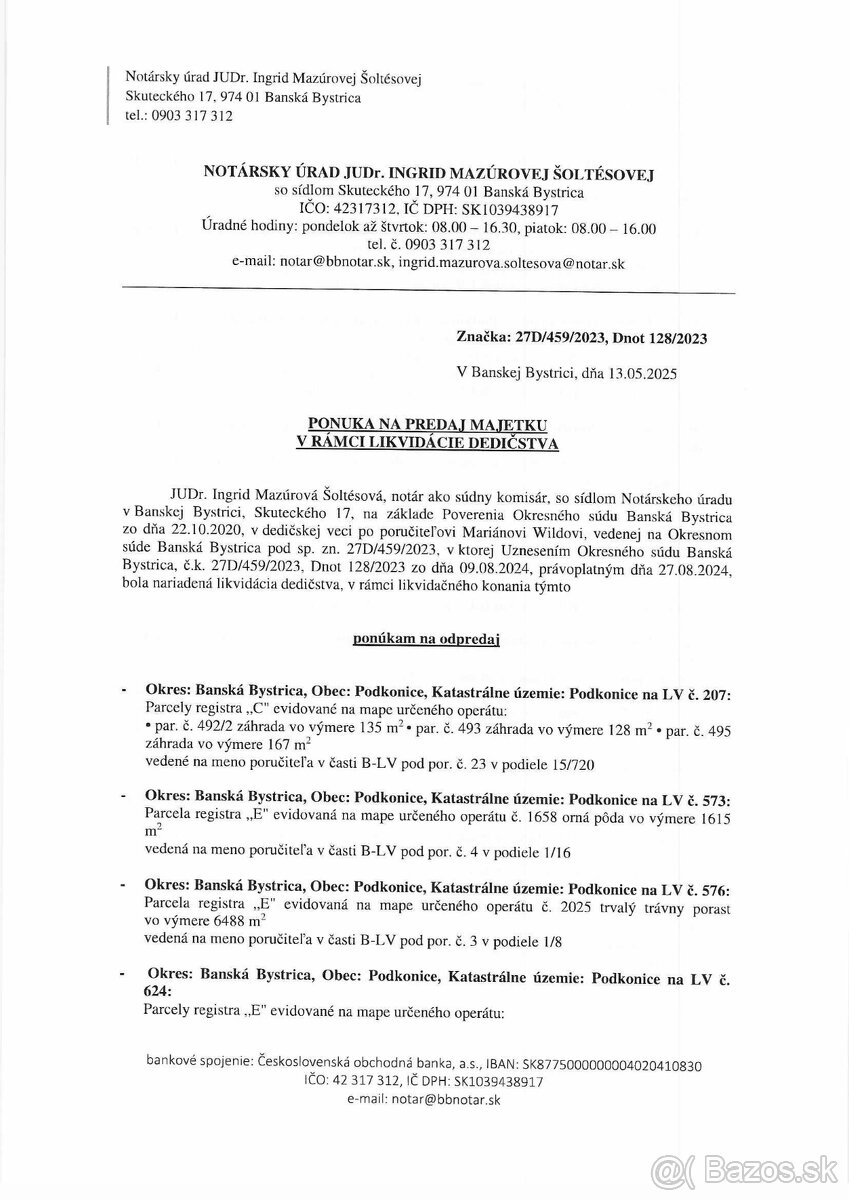 Predaj pozemkov Podkonice