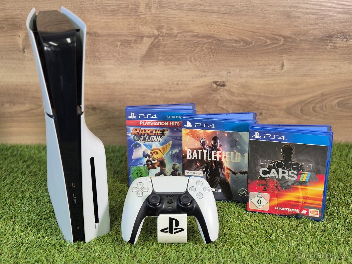 Sony Playstation 5 Slim, mechanika, 1 ovládač, 3 hry