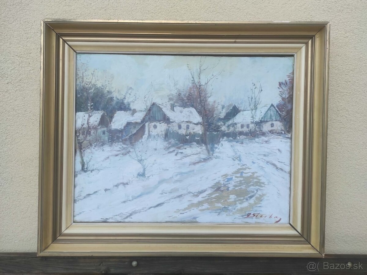 olejomalba , obraz- chalupky v zime.