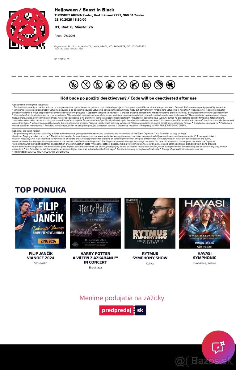 Predám 2 vstupenky na koncert Helloween