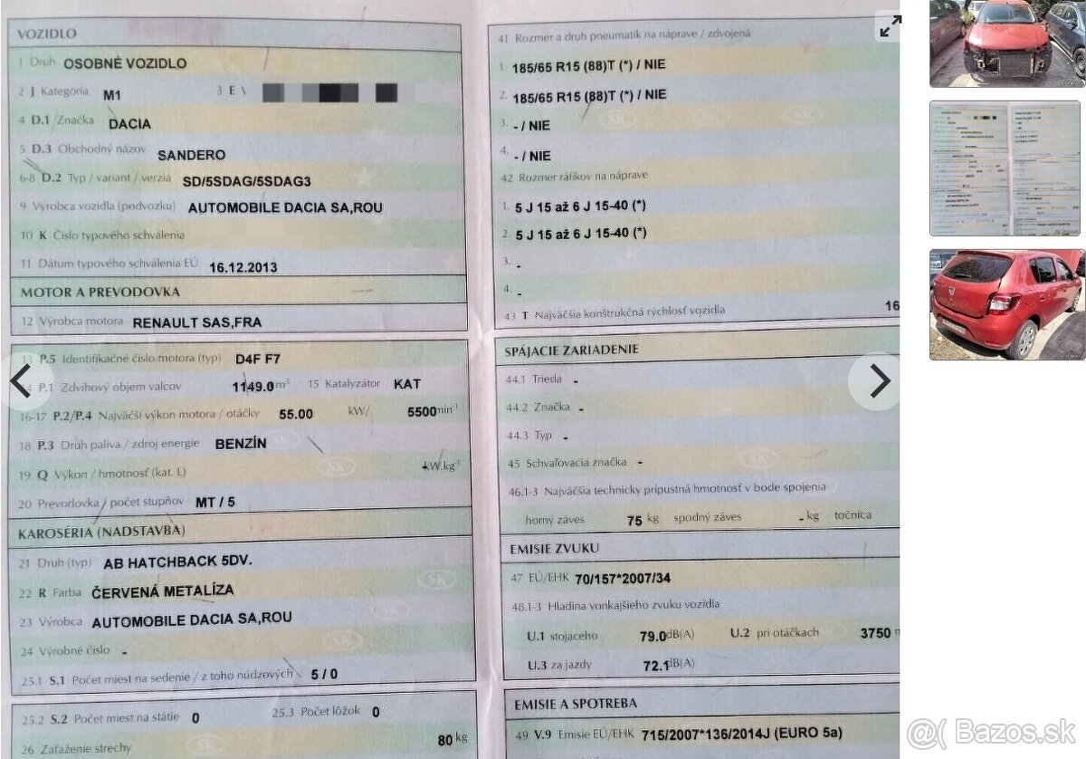 DACIA SANDERO 1.2 2013 predám MOTOR D4F F7, DVERE, PIATE DVE