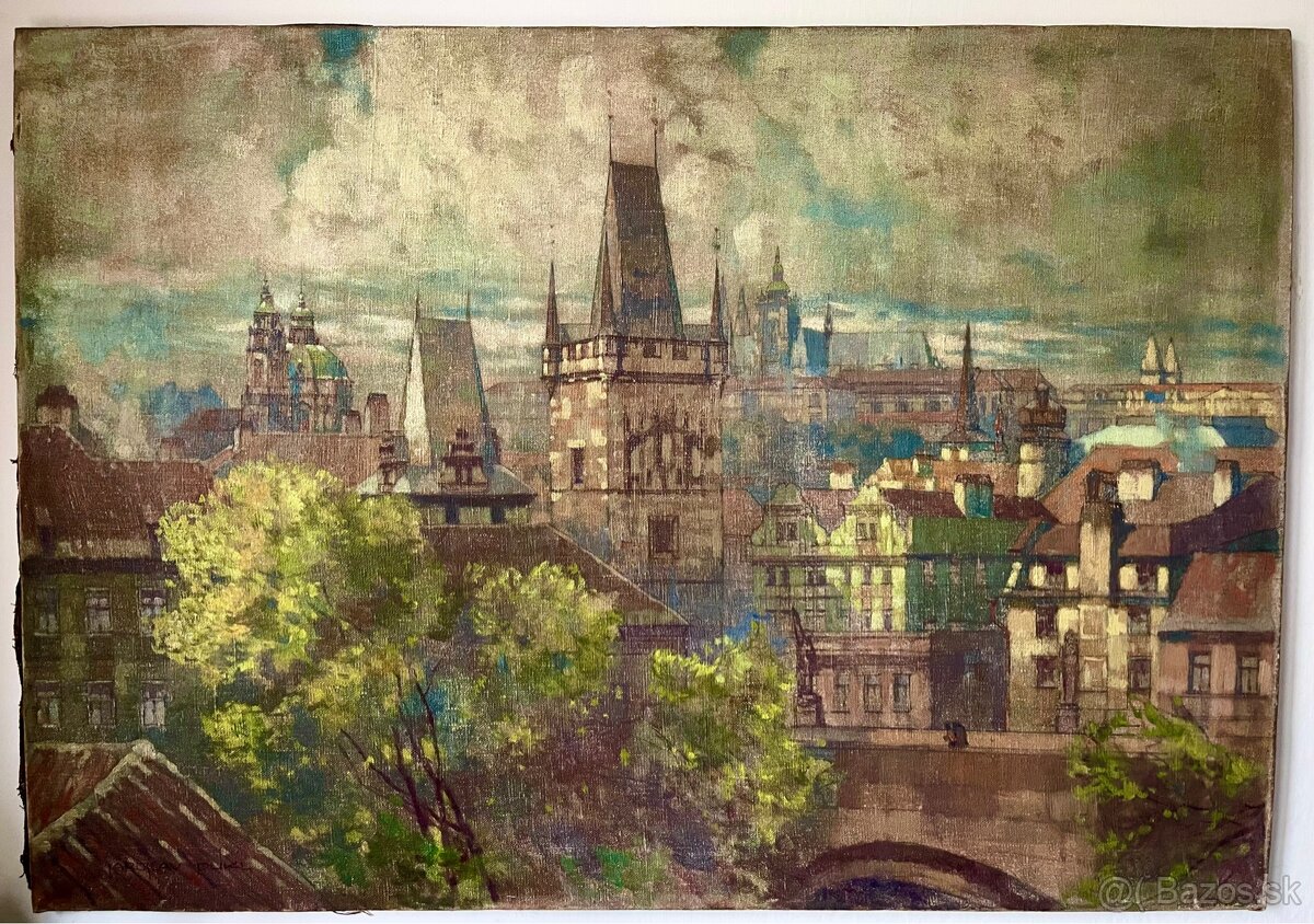 Jaroslav Pukl - Pohľad na pražský hrad - olej na platne