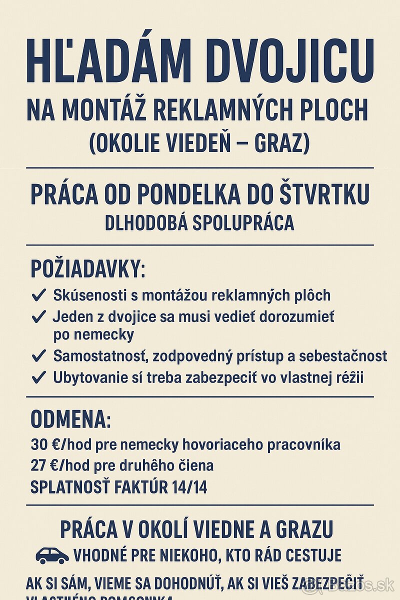 Hľadám dvojicu na montáž reklamných plôch (okolie Viedeň – G