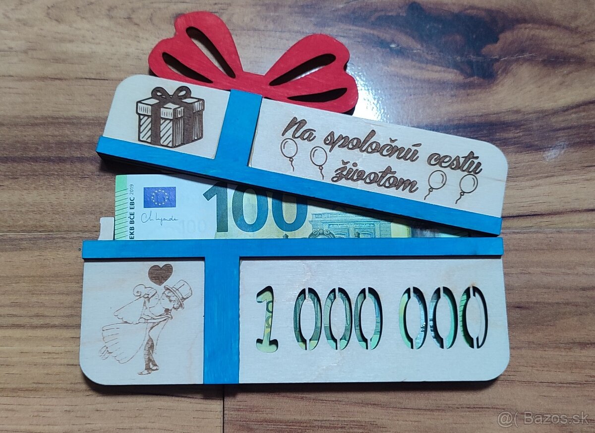 Drevená darčeková karta na peniaze v tvare darčeka Milión