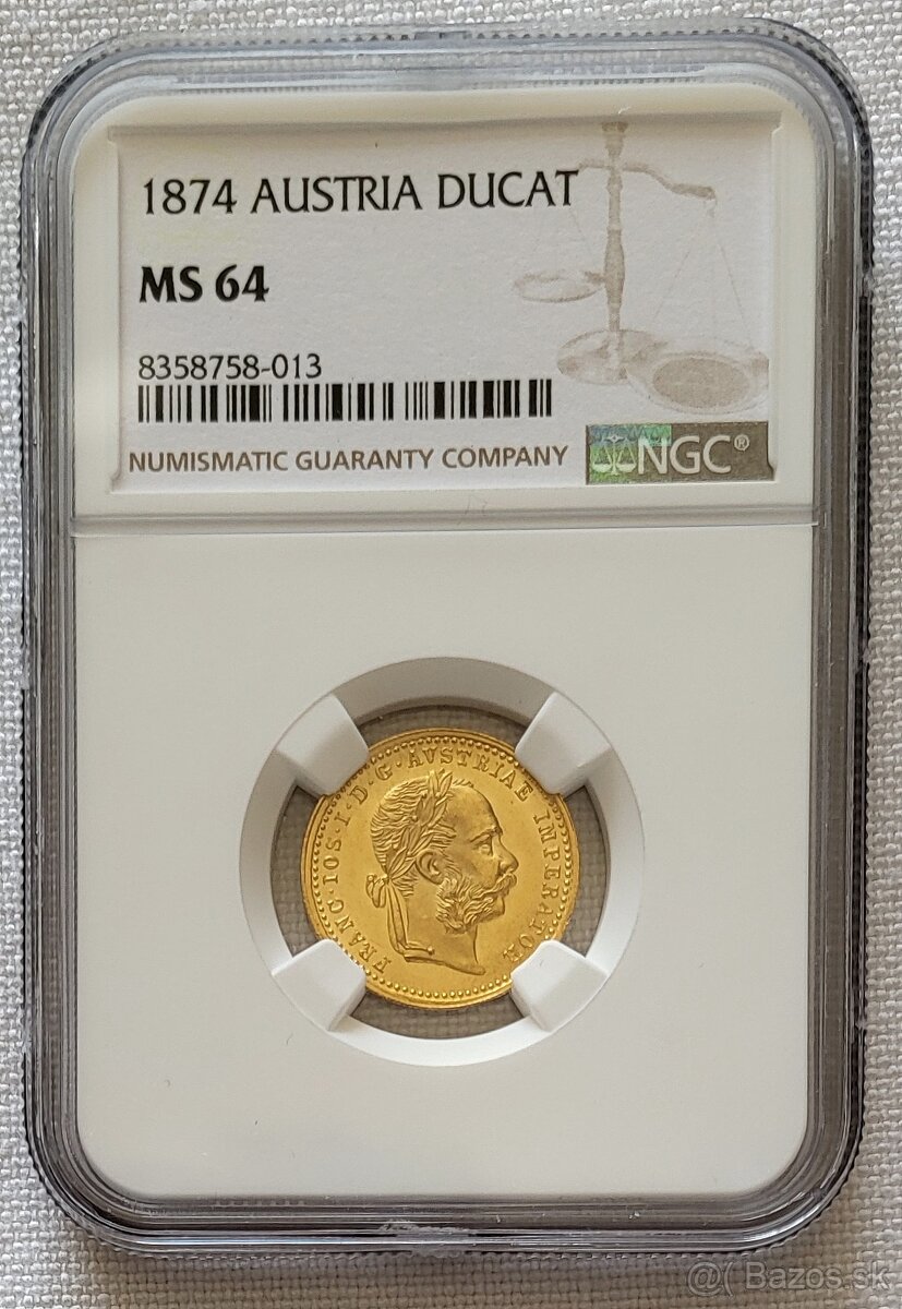 Zlatý dukát Franz Jozef I., 1874, NGC MS64
