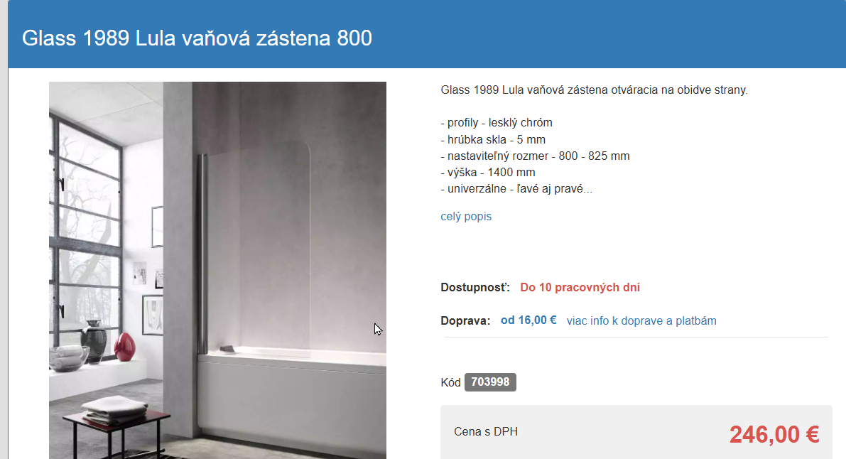 Lula Vanova zastena 800 mm z cireho skla. Nerozbalena
