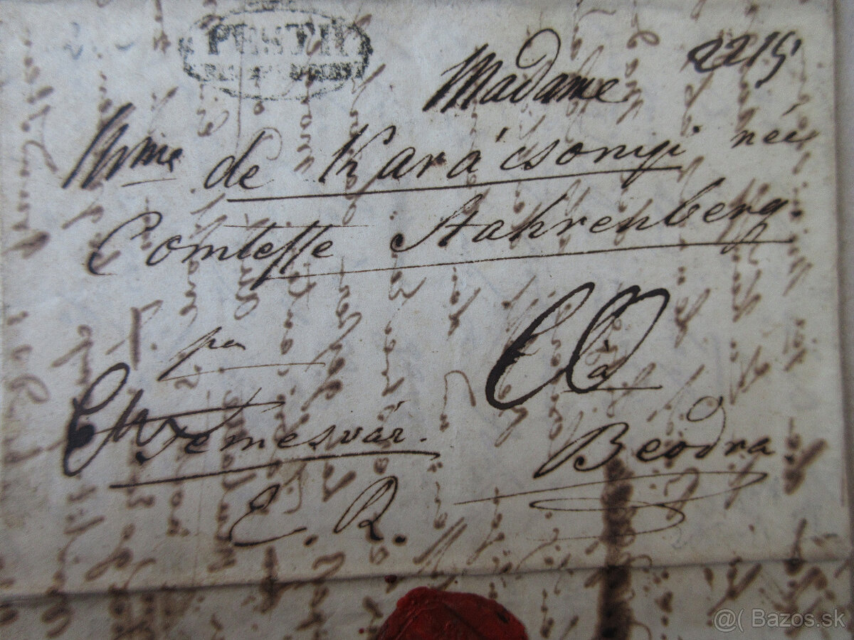 List r. 1841 pre Alojziu Karacsony rod. Stahrenberg