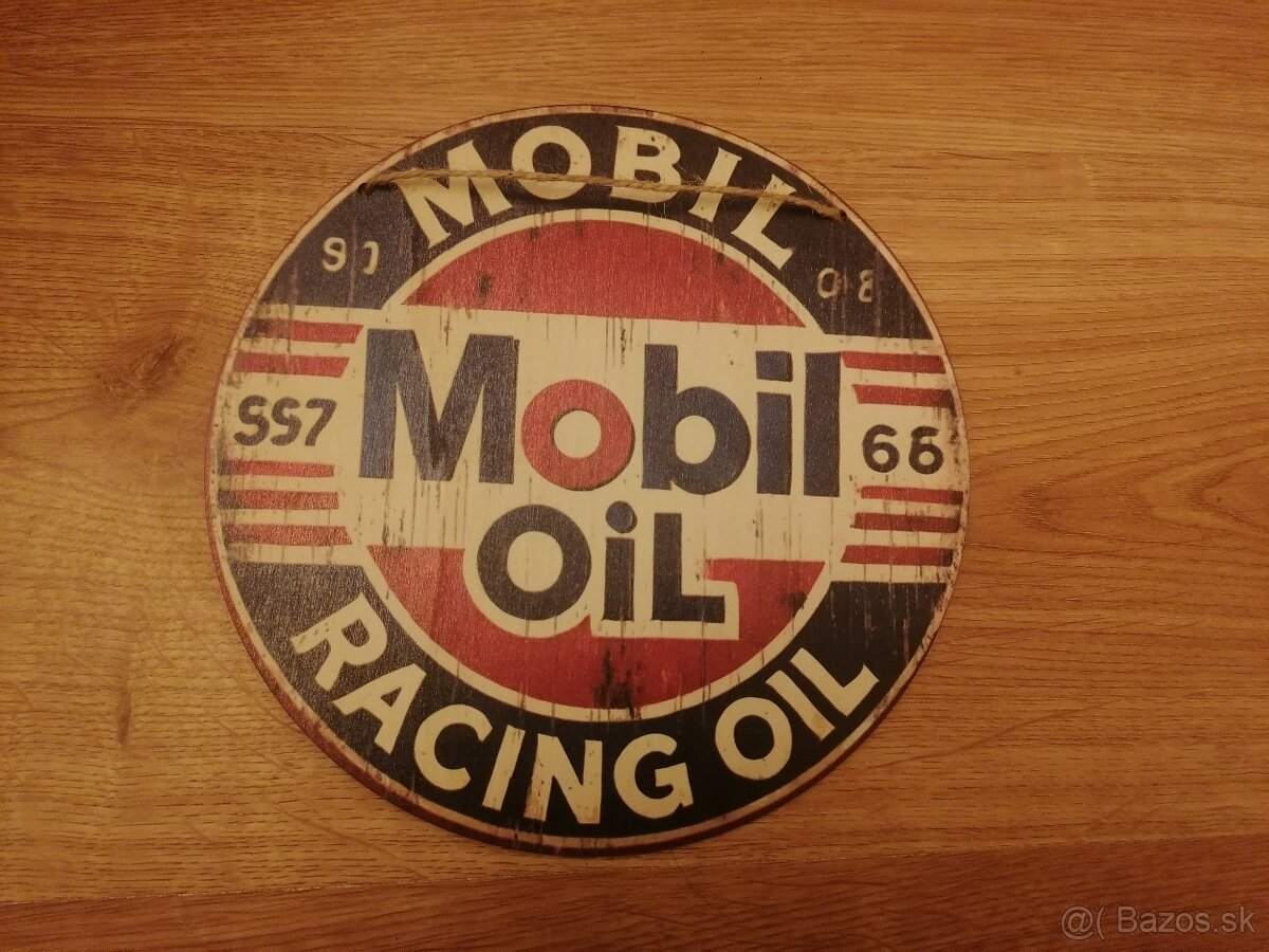Drevená guľatá tabuľa Mobil oil