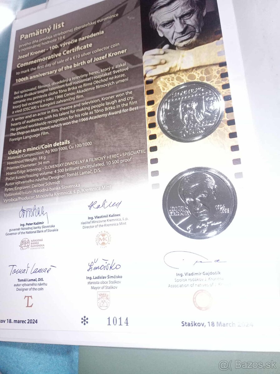 Pamätny list k minciam Jozef Kroner