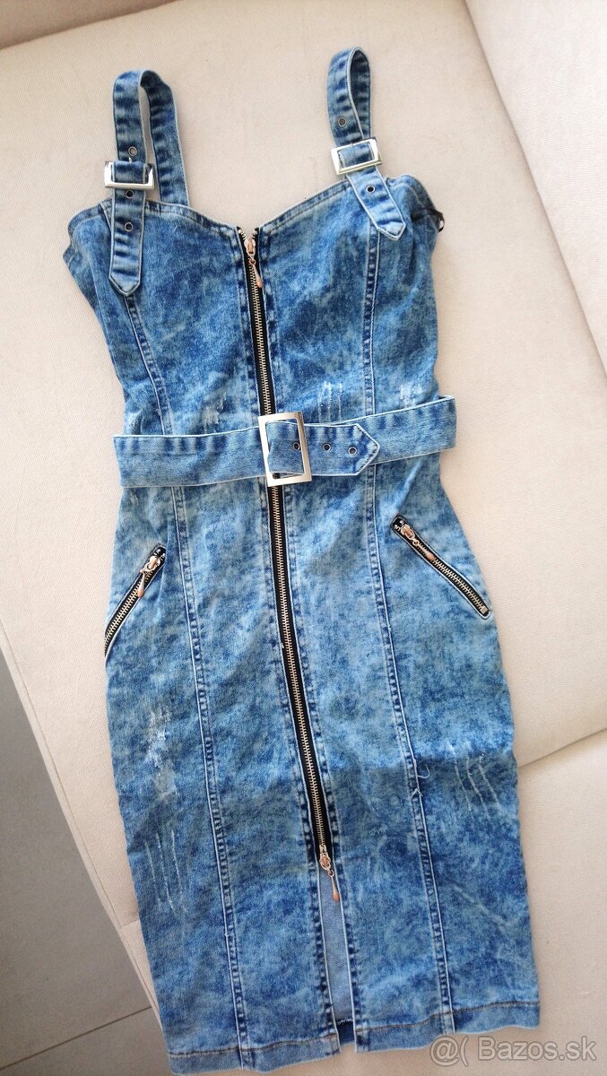 Uzke elasticke denim saty na ramienka vpredu na zips NOVE