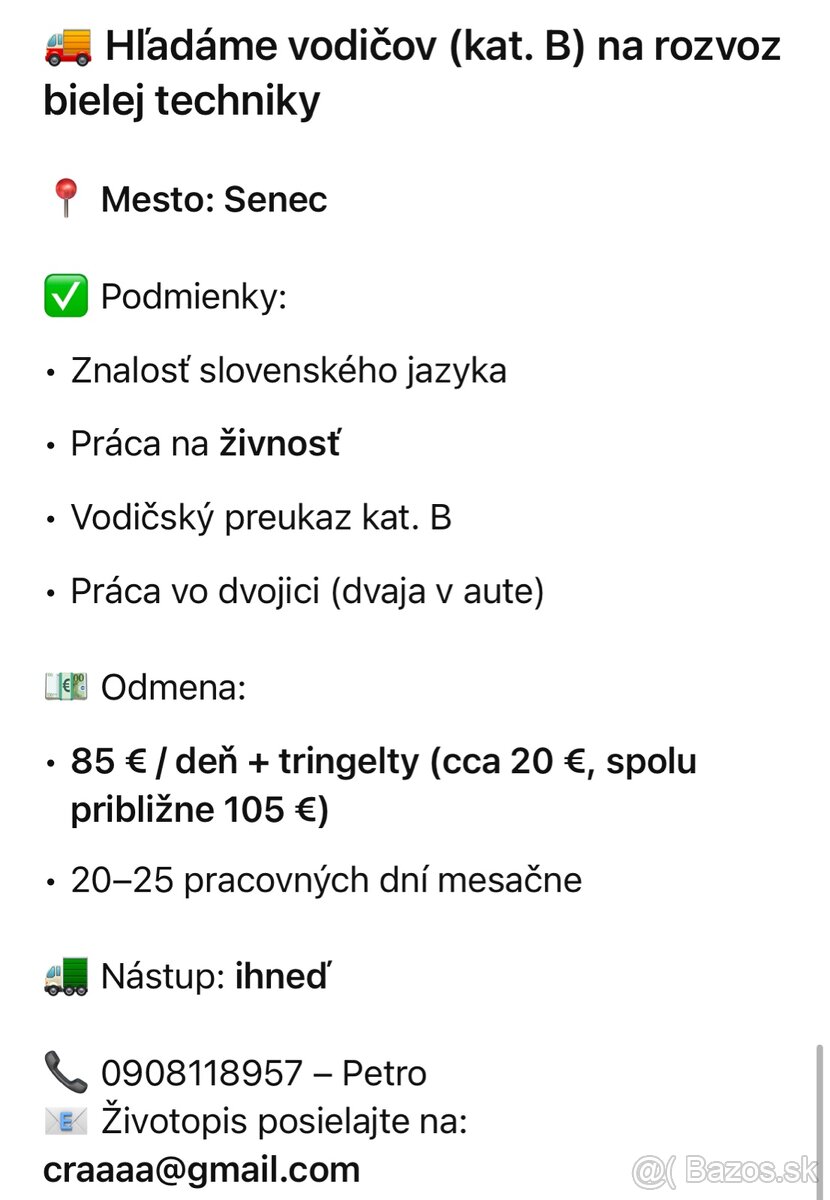 ⸻ 🚚 Hľadáme vodičov (kat. B) na rozvoz bielej techniky