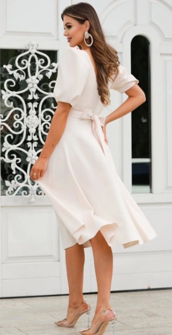 Kremove midi šaty s balonovymi rukavmi mia dresses XXXL