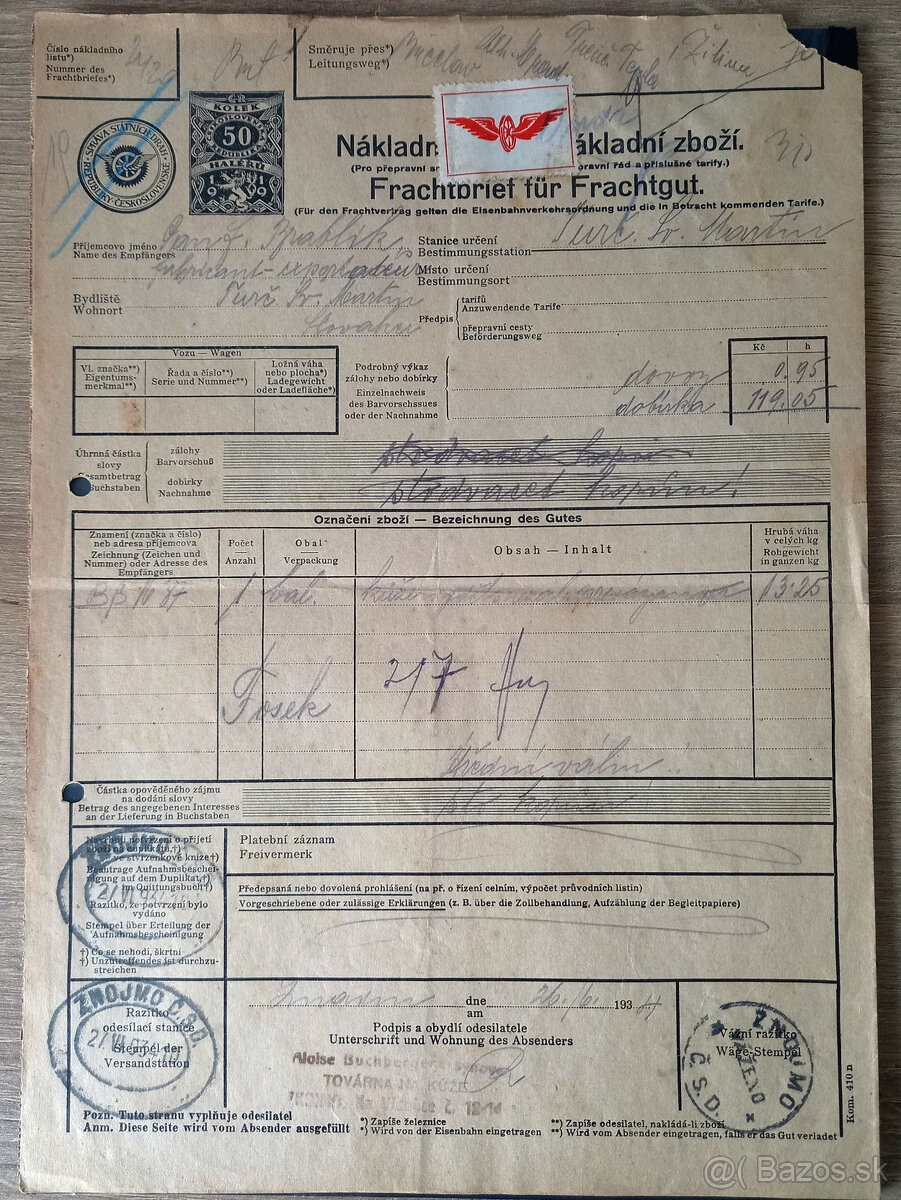 Správa dráh - Nákladný list pre nákladný tovar 1934