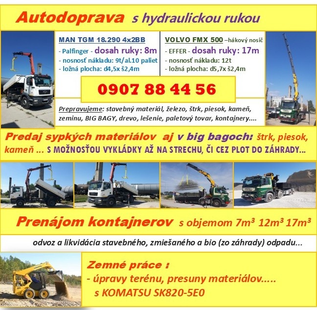 Autodoprava s hyd. rukou, predaj kameňa, prenáj. kontajnerov
