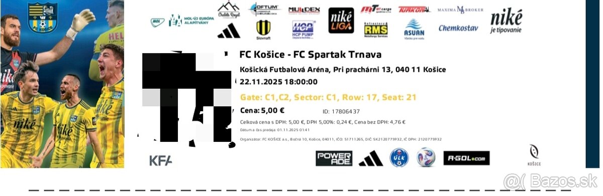 Vstupenka na zápas Košice-Spartak Trnava