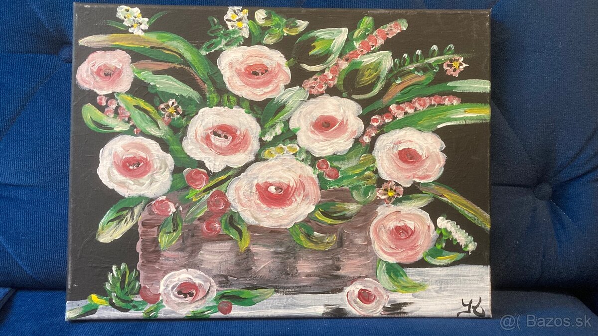 Kvety v košíku v tme ručne maľovaný akrylový obraz originál