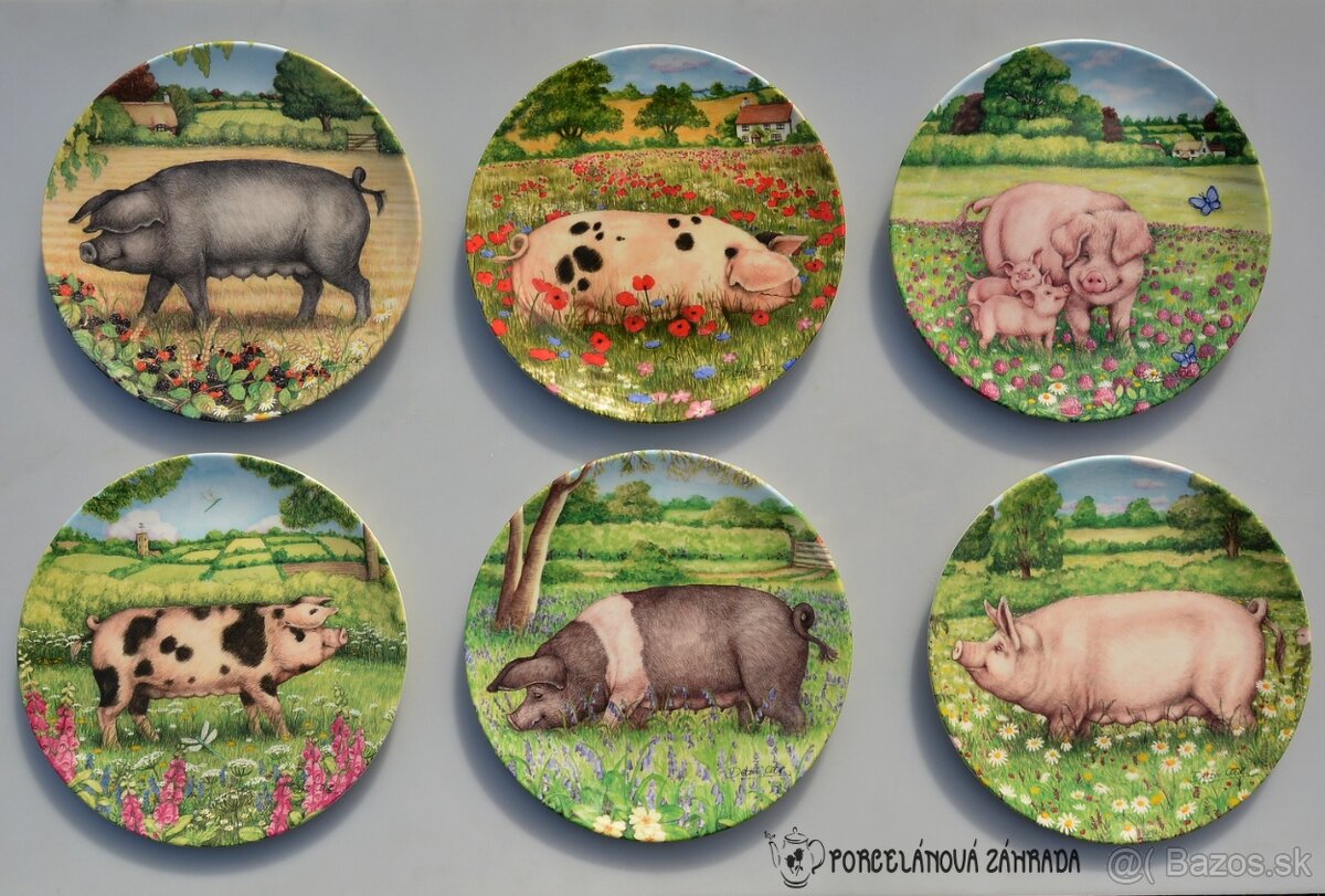 Porcelánové taniere z Anglicka - Šťastné prasiatka na lúke
