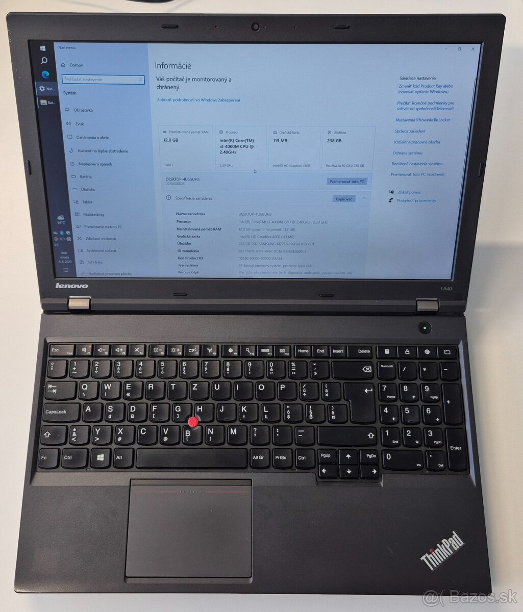 Predám notebook Lenovo L540, Win 10 Pro, Office 2016