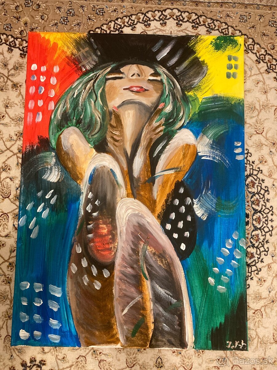 Ručne maľovaný obraz - sediaca černoška originálny akryl