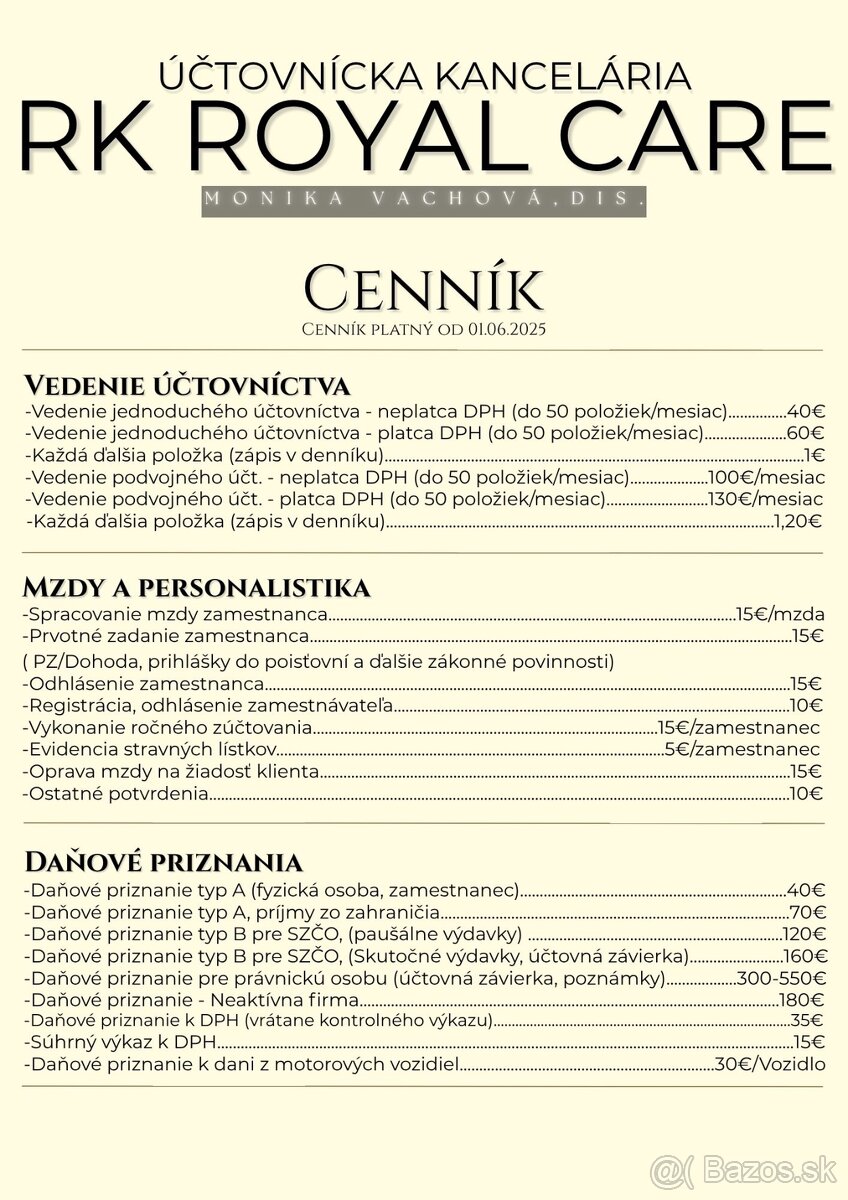Nový cenník služieb- účtovníctvo RK Royal Care