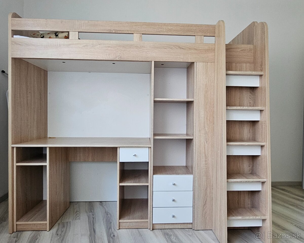 Detská poschodová posteľ so stolíkom dub sonoma/biela