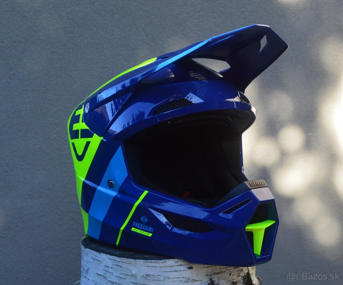 prilba helma okuliare modrá fluo žltá shot freegun CE 2206