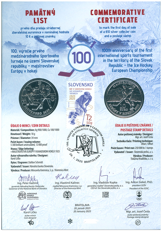 Pamätný list: 100. výročie konania ME v ľadovom hokeji vo Vy