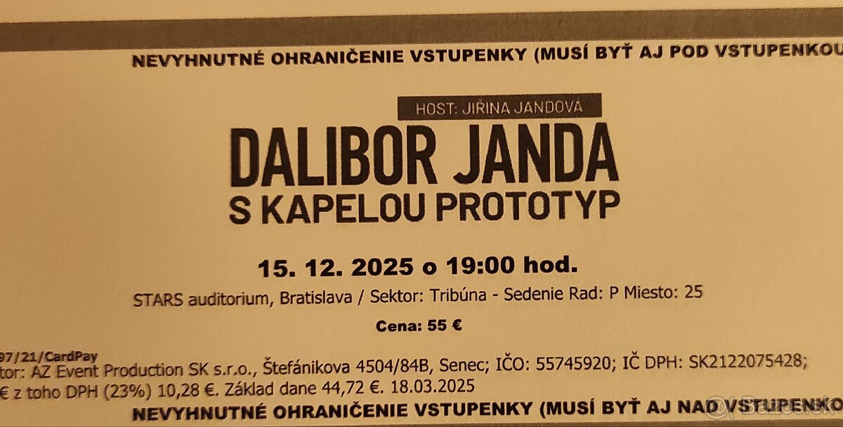 Predám 2 lístky na zajtra 15.12.2025