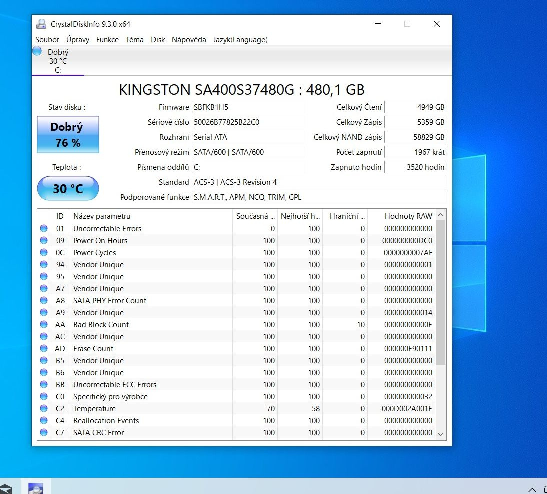 2.5" SSD  Kingston A400  480GB    / zdravie 76 %