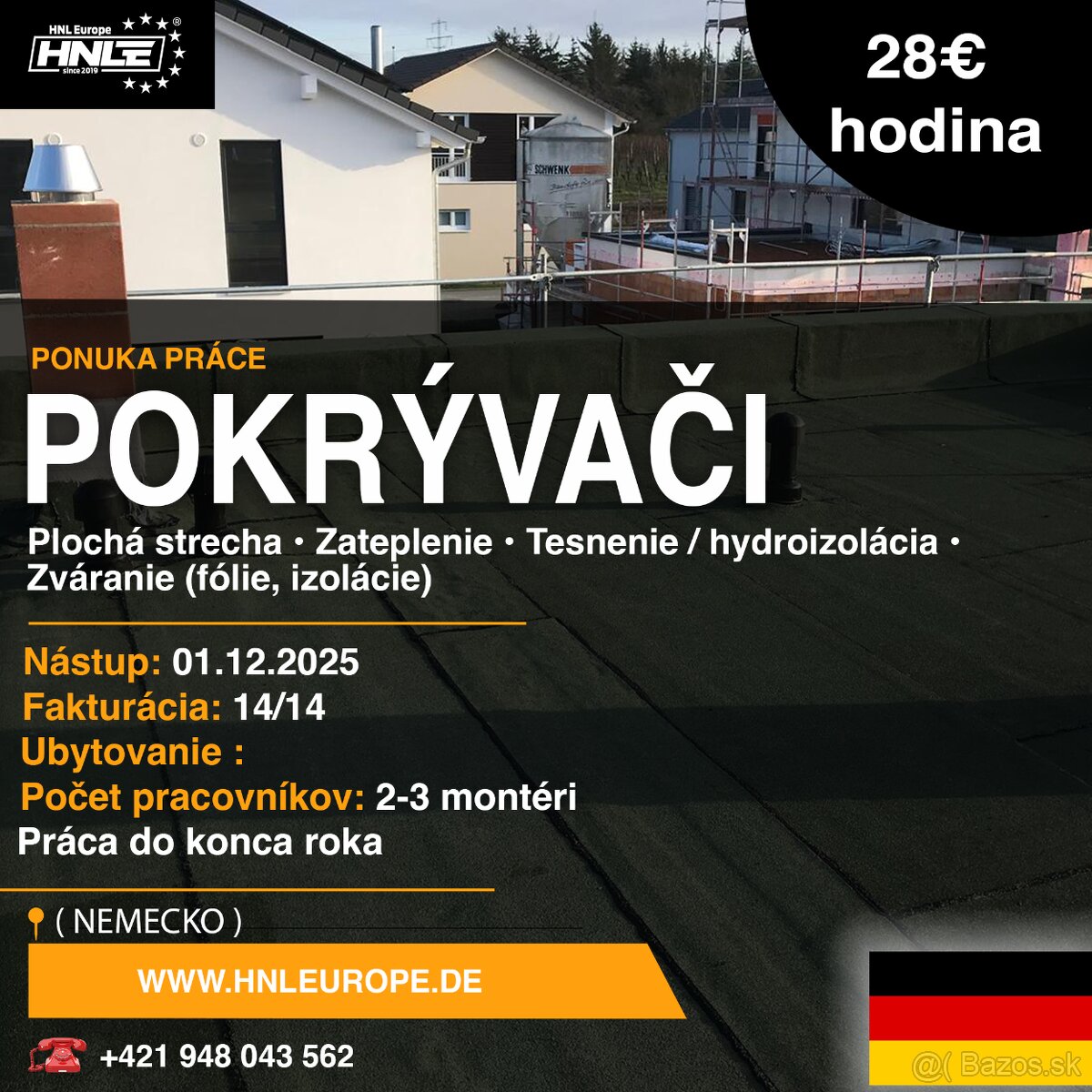 HĽADÁME POKRÝVAČOV 🔧🇩🇪 28€/hodina