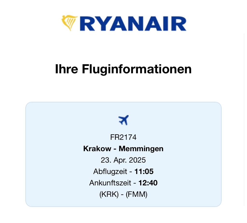 Predám letenku Krakow - Memmingen 23.4. 2025 jednosmernú