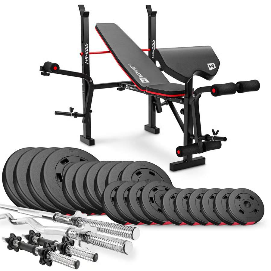 Fitness set + lavica HS-1055 – 105 kg závažia, stav ako nový