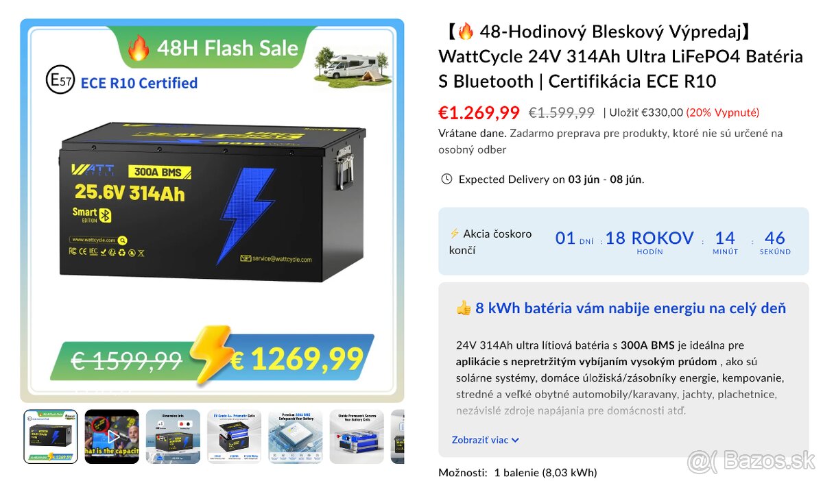 Nová LiFePo4 24v batéria Wattcycle (25.6v 314 Ah)