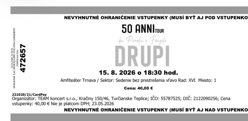 Predám 2 vstupenky Drupi TT