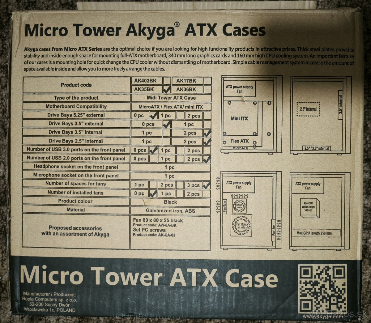 PC skriňa Micro Tower ATX AkygaAK35BK + vetrák Arctic P8 PWM