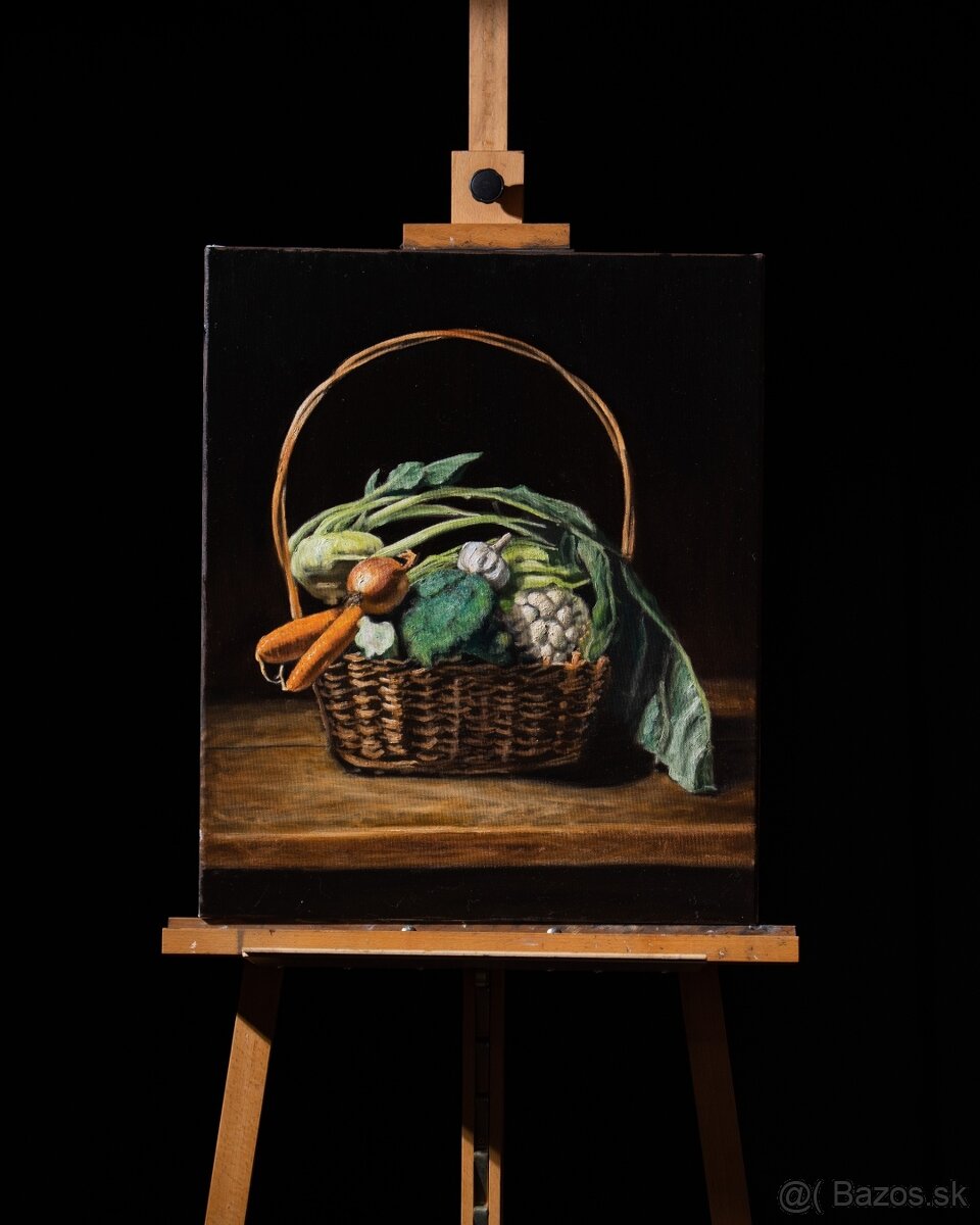 Zátišie koš so zeleninou - tradičná olejomaľba