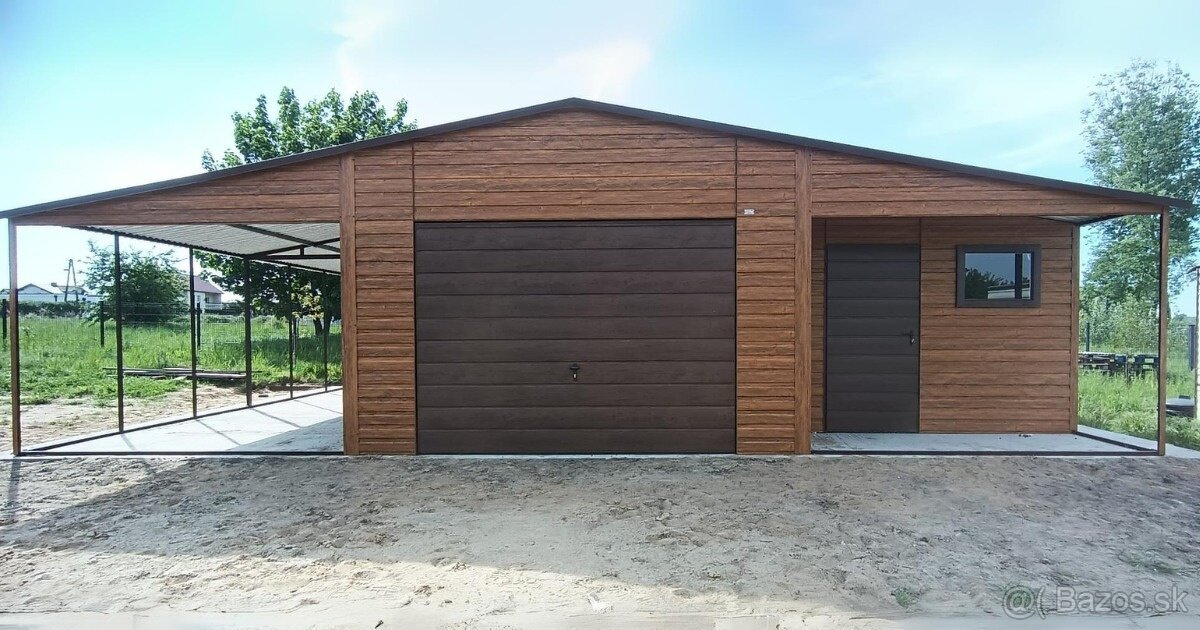 PLECHOVÁ GARÁŽ SE SKLADEM ZBOKU 7 x 6m + Prístrešok 3 x 6m