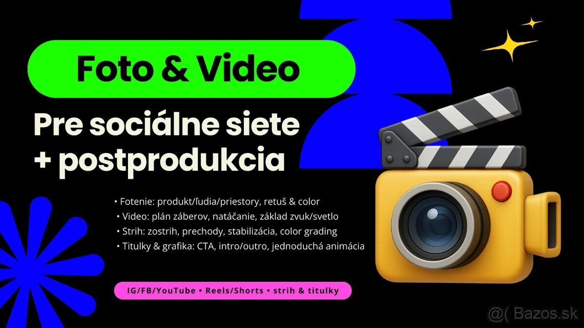 Foto & Video pre sociálne siete Reels/Shorts, strih, titulky