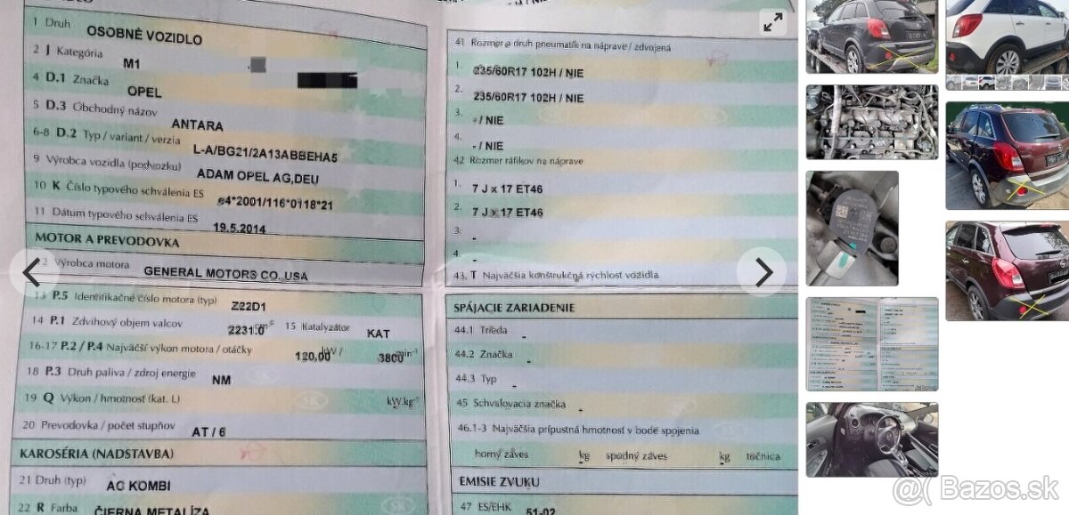 Opel Antara 2.2 CDTI 2014 predám PREVODOVKU, MOTOR Z22D1