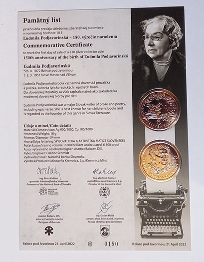 Pamätný list 2022 Ľudmila Podjavorinská